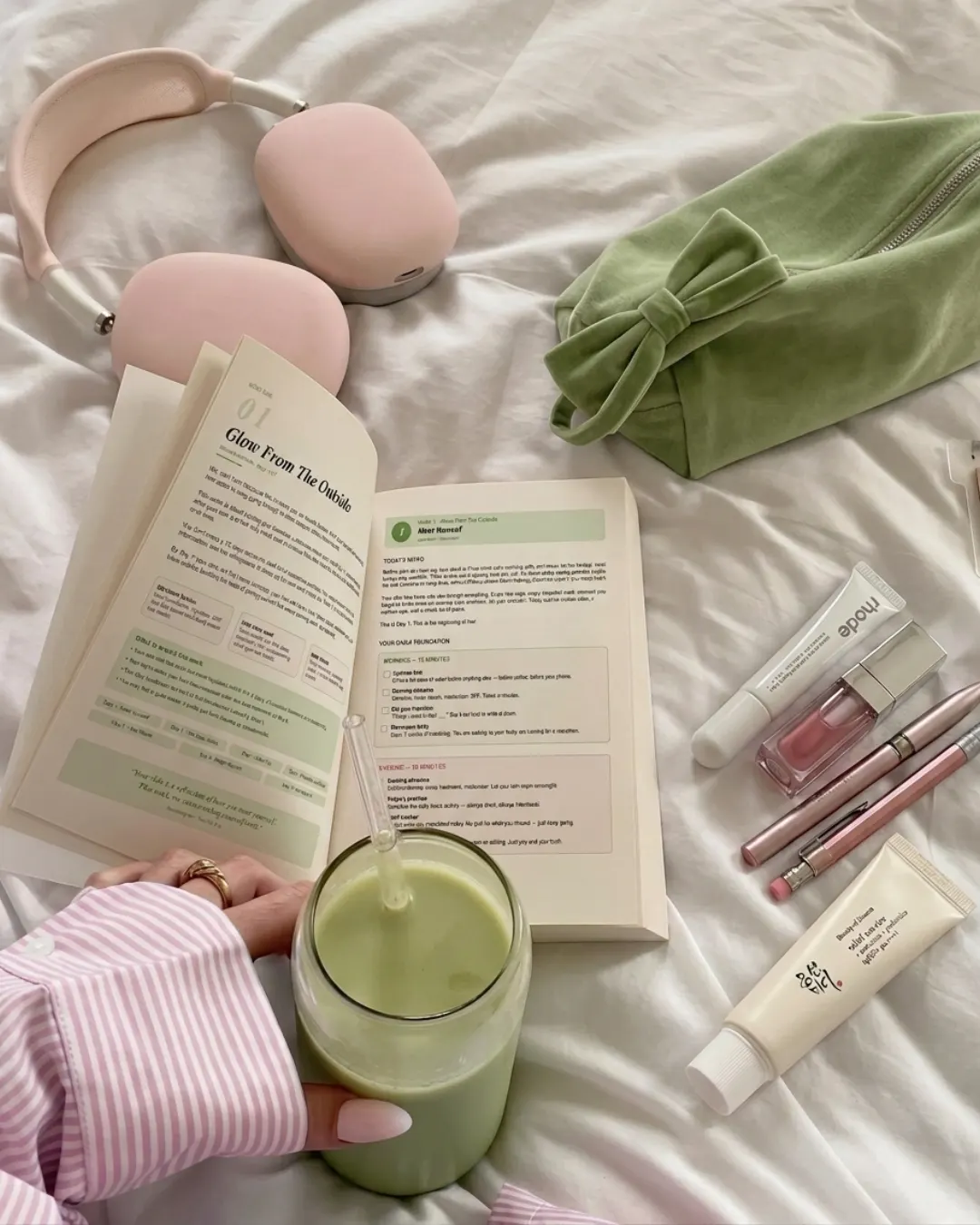 Collage of glow up routines — face oil, stretching, journaling, hair shine